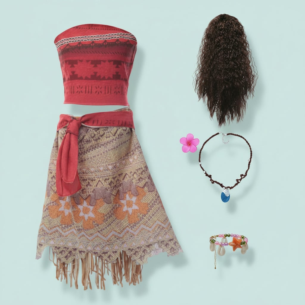 Girls Halloween Island Princess Costume Two Piece Set with Fringe Skirt and Waist Sash