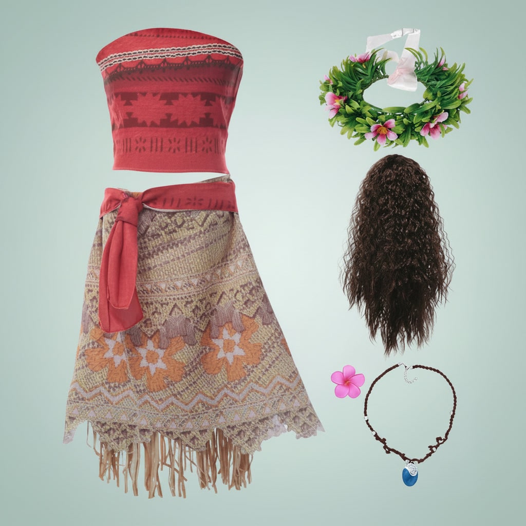 Girls Halloween Island Princess Costume Two Piece Set with Fringe Skirt and Waist Sash