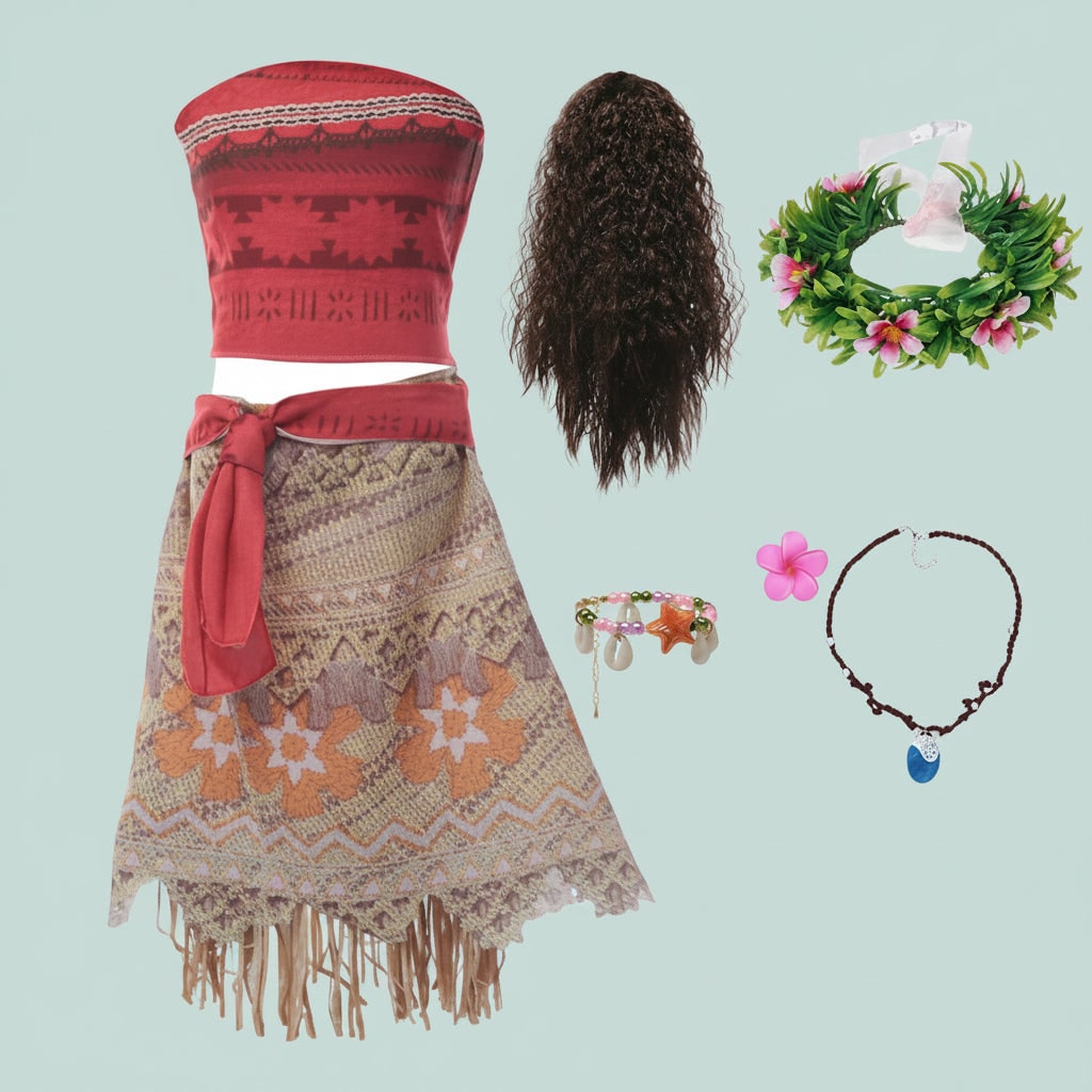 Girls Halloween Island Princess Costume Two Piece Set with Fringe Skirt and Waist Sash