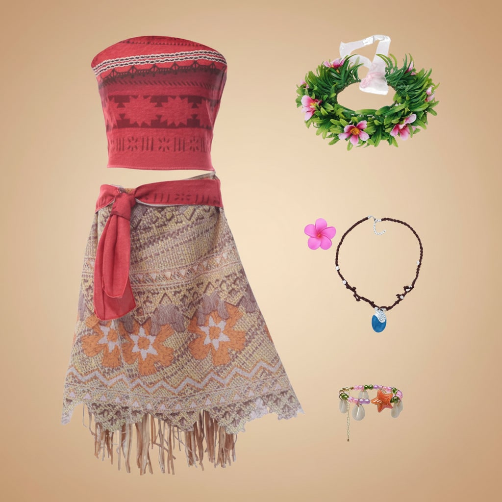 Girls Halloween Island Princess Costume Two Piece Set with Fringe Skirt and Waist Sash