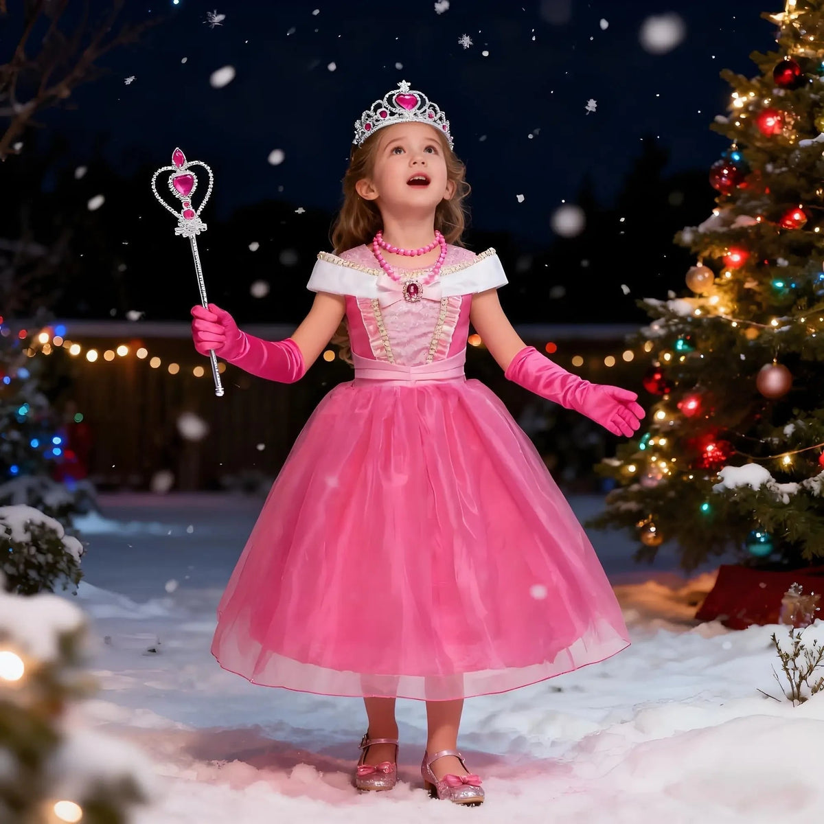 Girls Princess Costume Dress with Sheer Overlay Skirt Tiara and Gloves