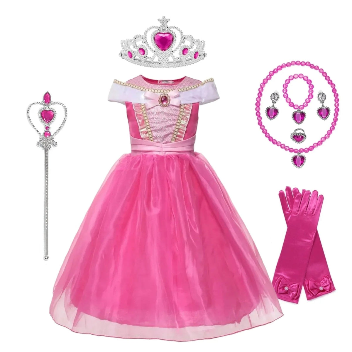 Girls Princess Costume Dress with Sheer Overlay Skirt Tiara and Gloves