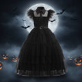 Girls Halloween Costumes Gothic Tiered Tulle Dress with Belt Braided Wig and Socks Set