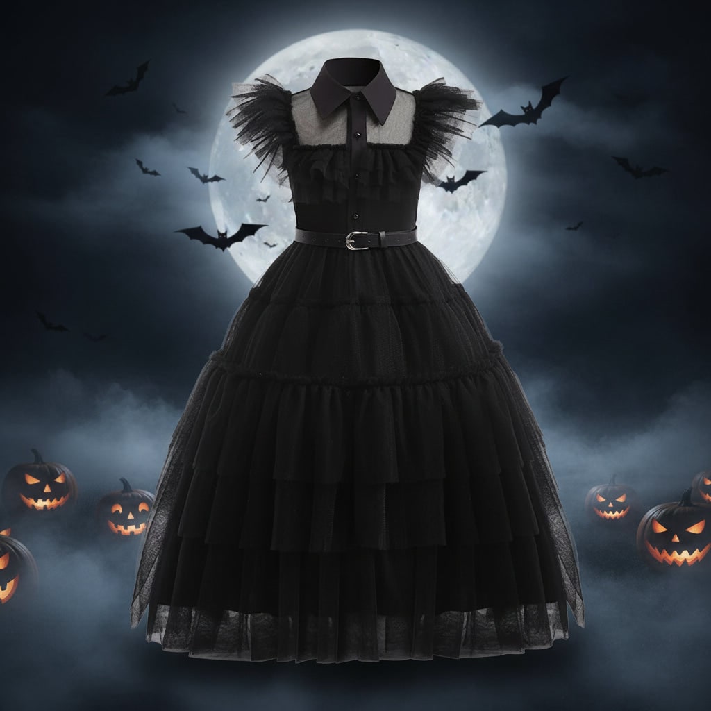 Girls Halloween Costumes Gothic Tiered Tulle Dress with Belt Braided Wig and Socks Set