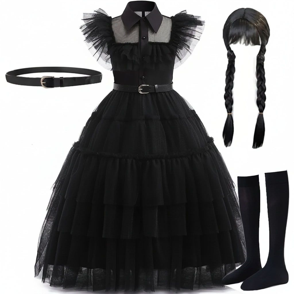 Girls Halloween Costumes Gothic Tiered Tulle Dress with Belt Braided Wig and Socks Set