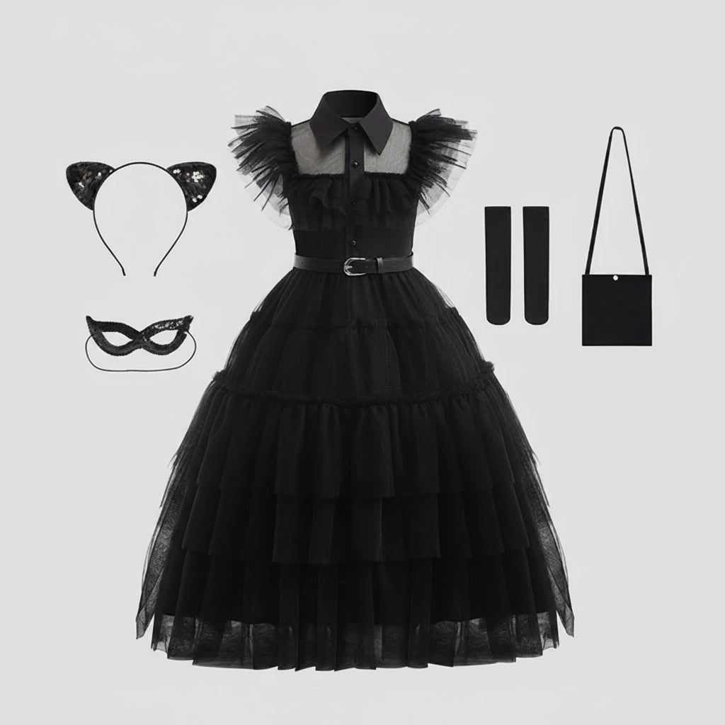 Girls Halloween Costumes Gothic Tiered Tulle Dress with Belt Braided Wig and Socks Set