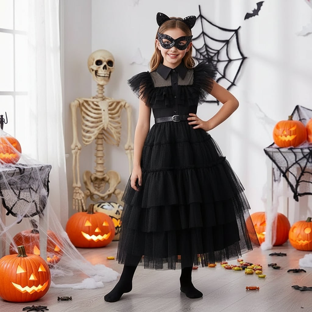 Girls Halloween Costumes Gothic Tiered Tulle Dress with Belt Braided Wig and Socks Set