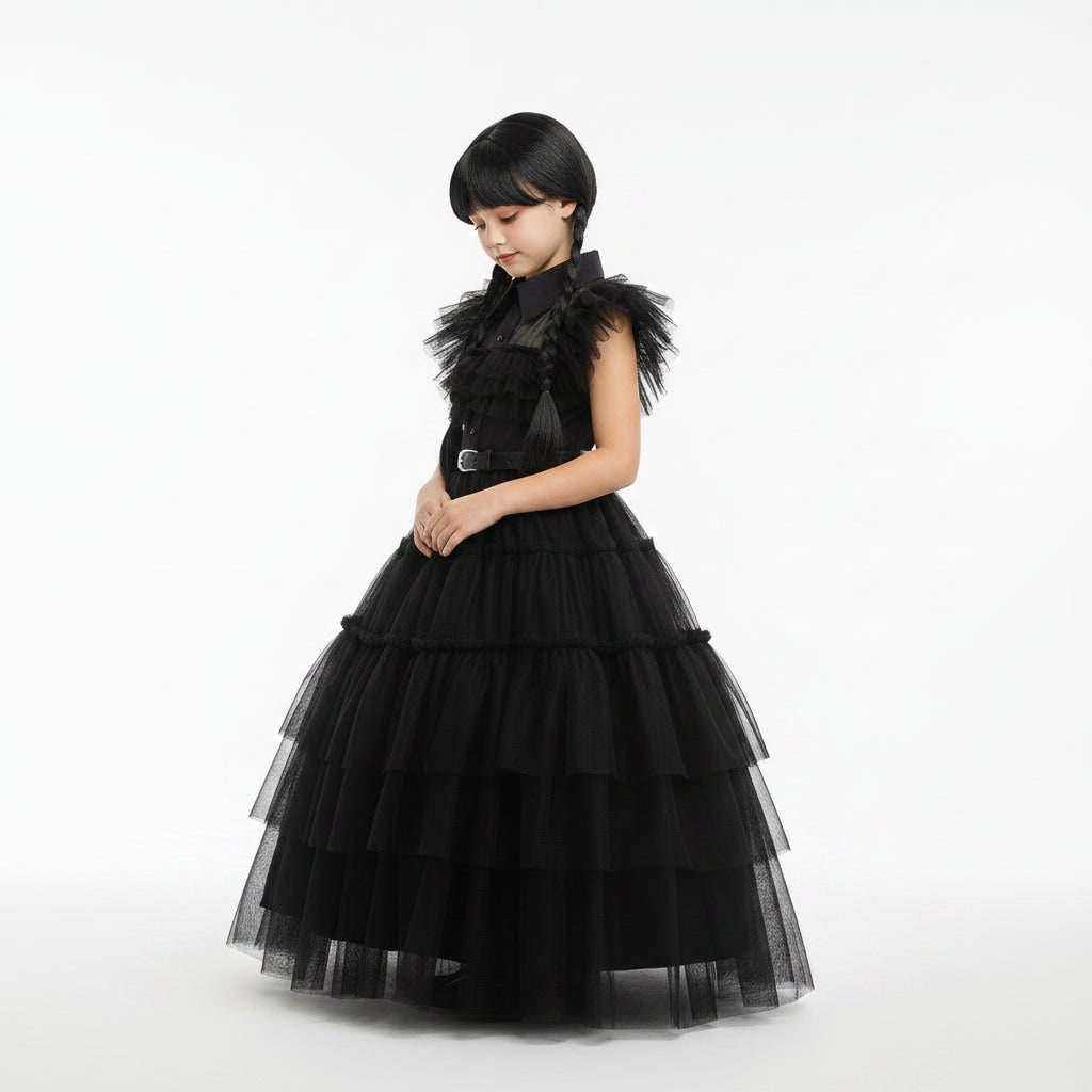 Girls Halloween Costumes Gothic Tiered Tulle Dress with Belt Braided Wig and Socks Set