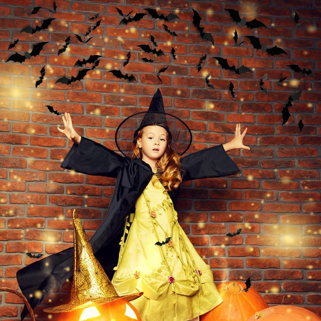 Halloween Bats 3D Wall Art Stickers with Foldable Wings for Nursery and Bathroom