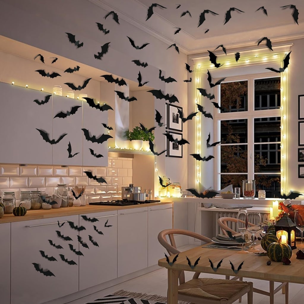 Halloween Bats 3D Wall Art Stickers with Foldable Wings for Nursery and Bathroom