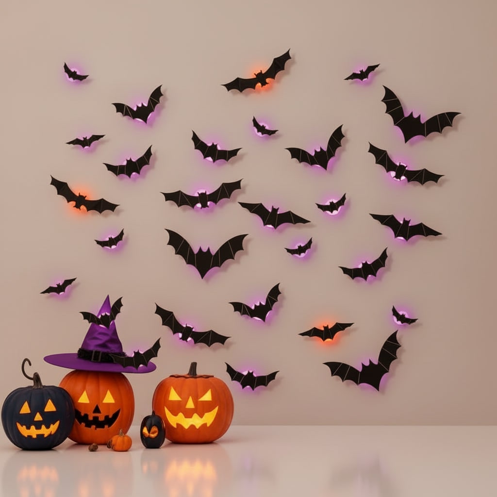 Halloween Bats 3D Wall Decals with LED Backlights and Peel Off Adhesive Film