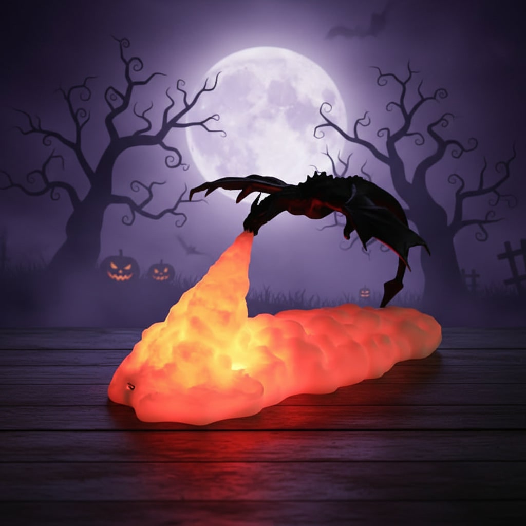 Halloween Lights 3D Printed Fire Breathing Dragon Lamp with USB Rechargeable Cloud Base
