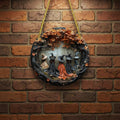 Halloween Home Decor Wall Art Plaque with Round 3D Relief Witch and Twisted Rope Hanger
