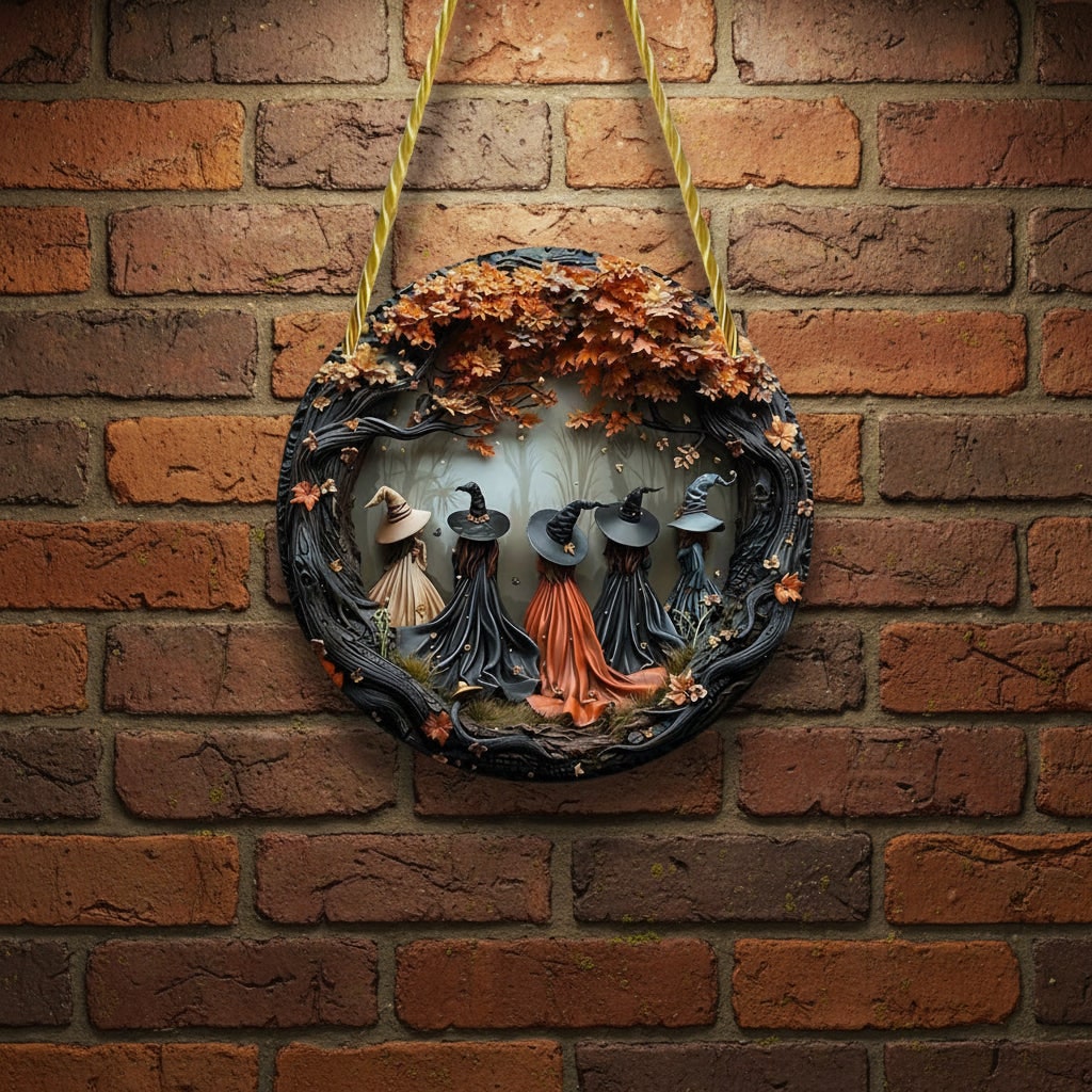 Halloween Home Decor Wall Art Plaque with Round 3D Relief Witch and Twisted Rope Hanger