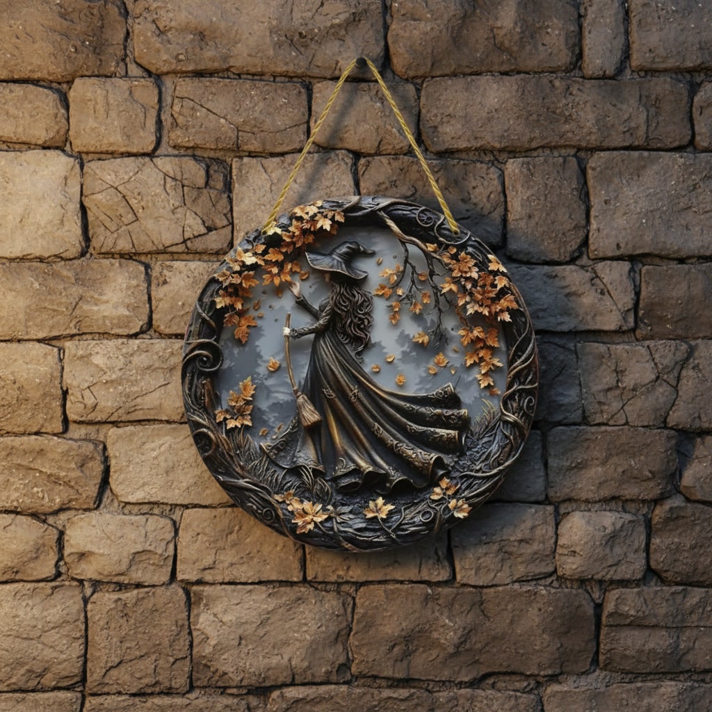 Halloween Home Decor Wall Art Plaque with Round 3D Relief Witch and Twisted Rope Hanger