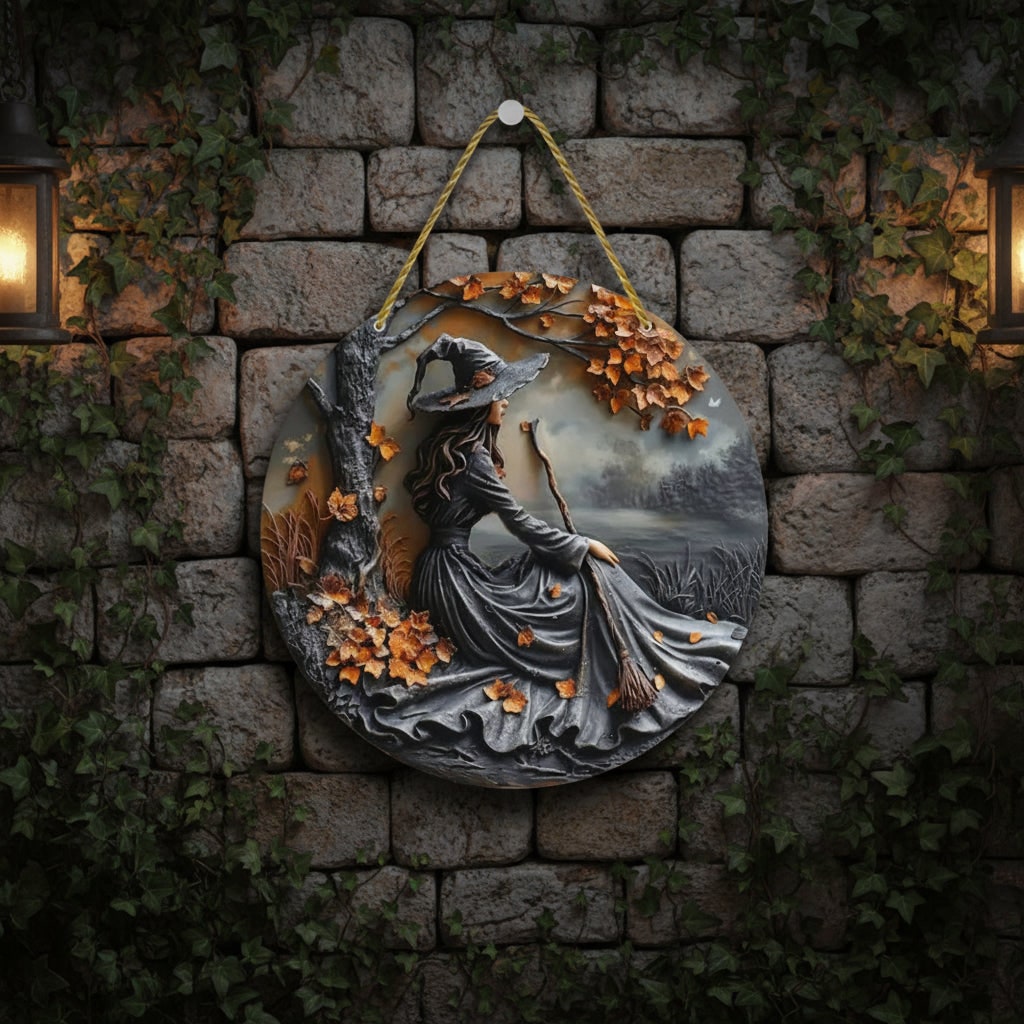 Halloween Home Decor Wall Art Plaque with Round 3D Relief Witch and Twisted Rope Hanger