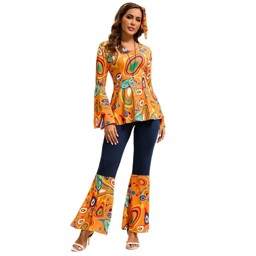 70s Hippie Costume Three Piece Set with Bell Bottom Trousers and Headband