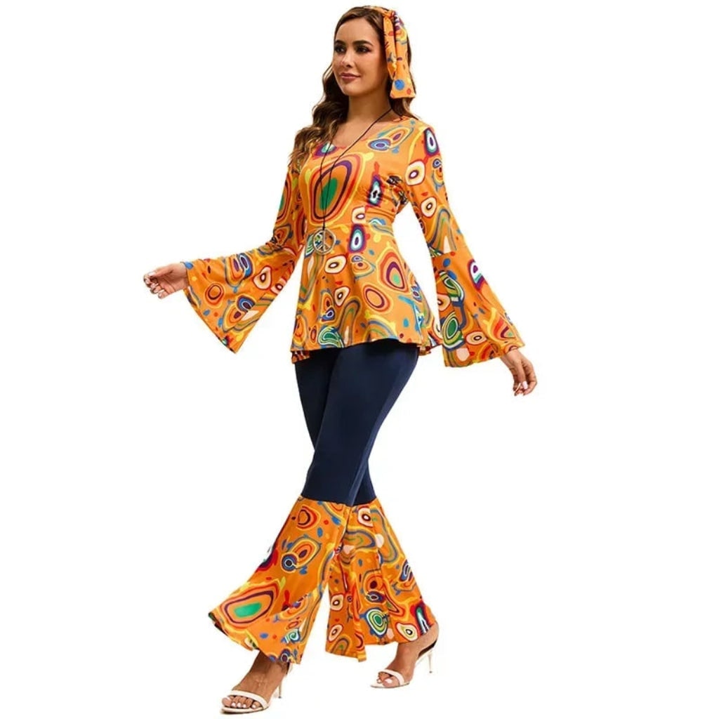 70s Hippie Costume Three Piece Set with Bell Bottom Trousers and Headband