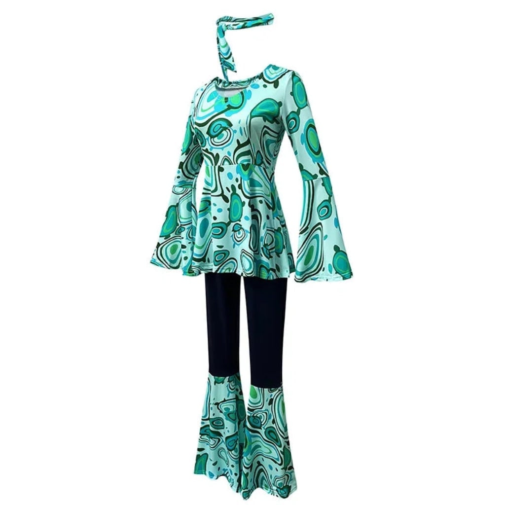 70s Hippie Costume Three Piece Set with Bell Bottom Pants and Headband
