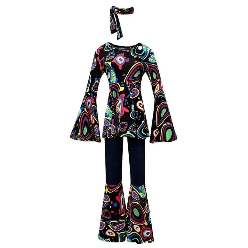 70s Hippie Costume Three Piece Set with Bell Bottom Pants and Headband