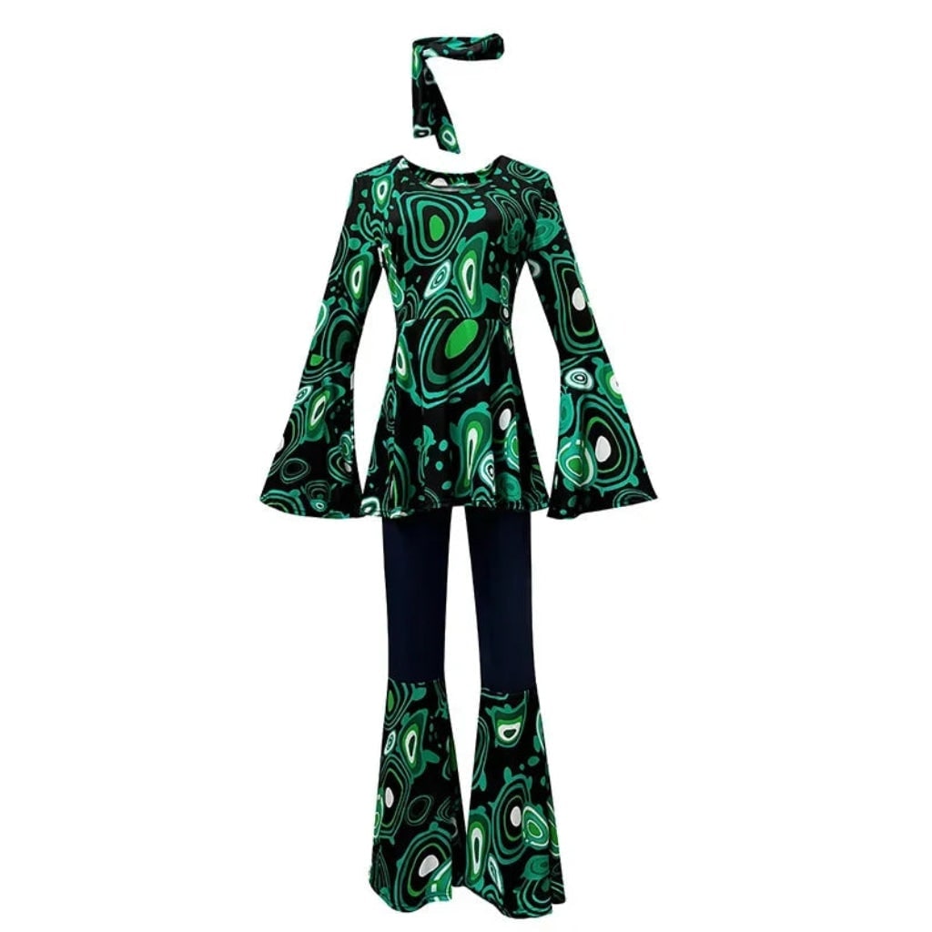 70s Hippie Costume Three Piece Set with Bell Bottom Pants and Headband