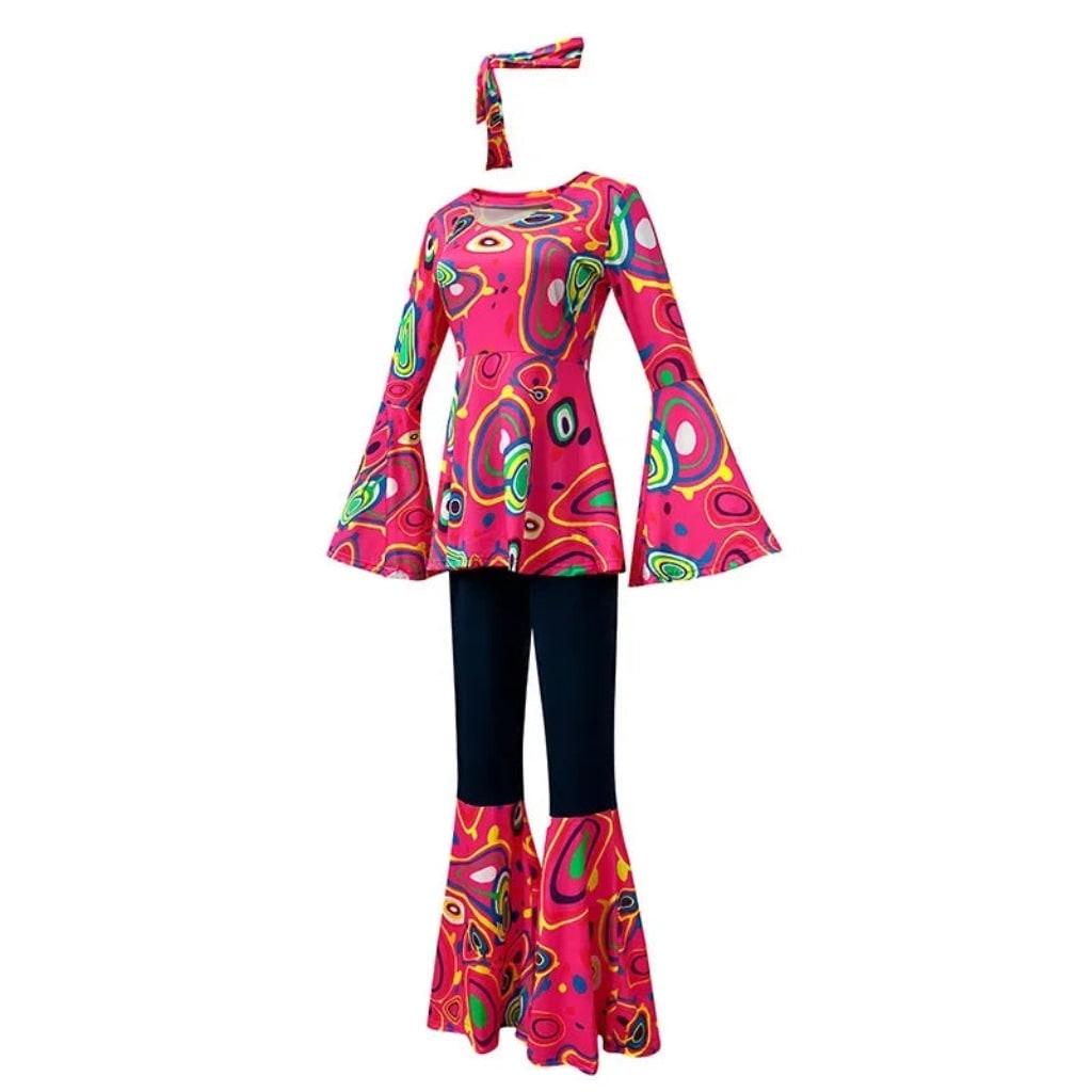 70s Hippie Costume Three Piece Set with Bell Bottom Pants and Headband