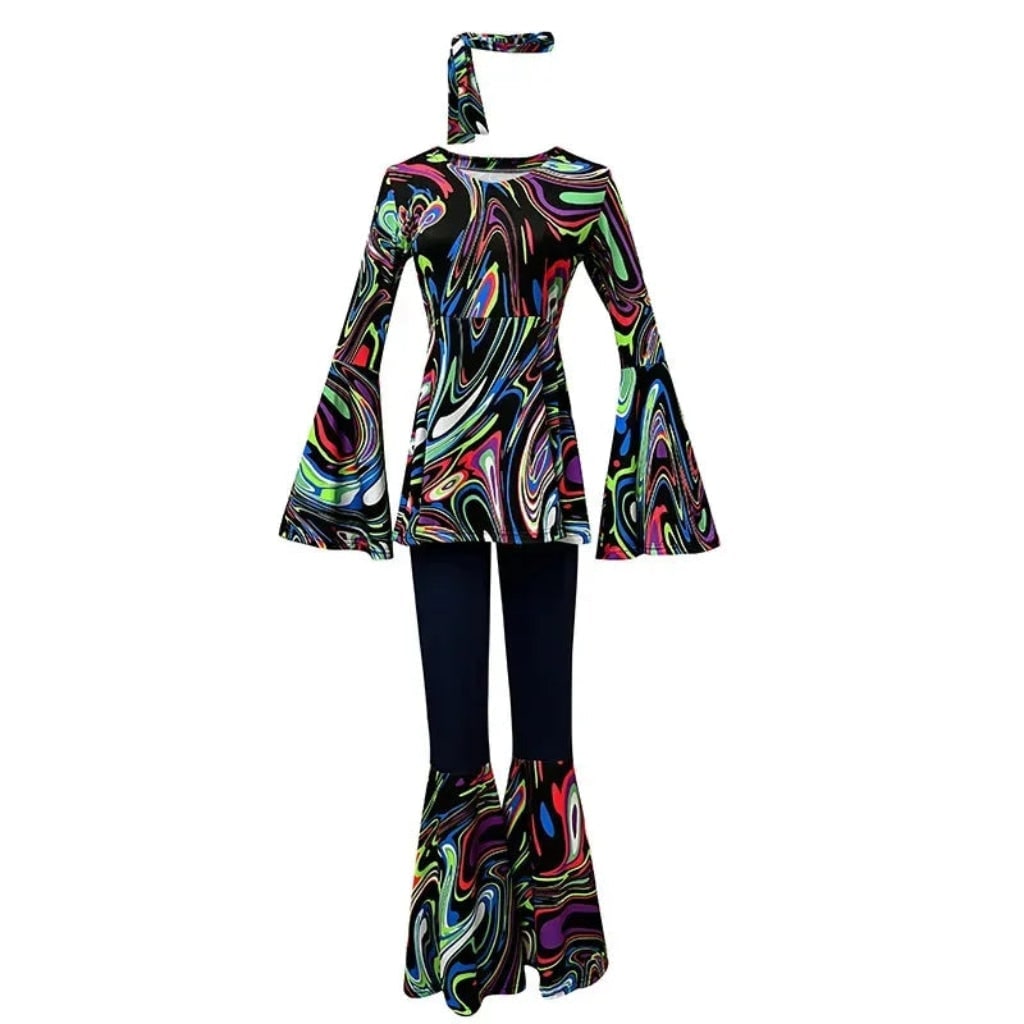 70s Hippie Costume Three Piece Set with Bell Bottom Pants and Headband