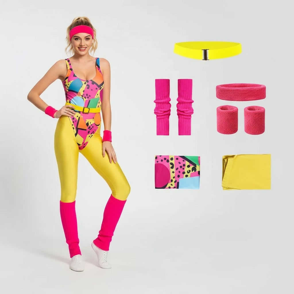 80s Halloween Costumes Aerobics Leotard Set with Leg Warmers Headband and Wristbands