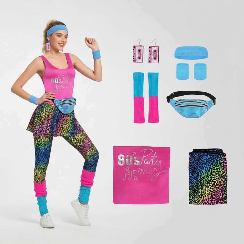 80s Halloween Costumes Aerobics Leotard Set with Leg Warmers Headband and Wristbands