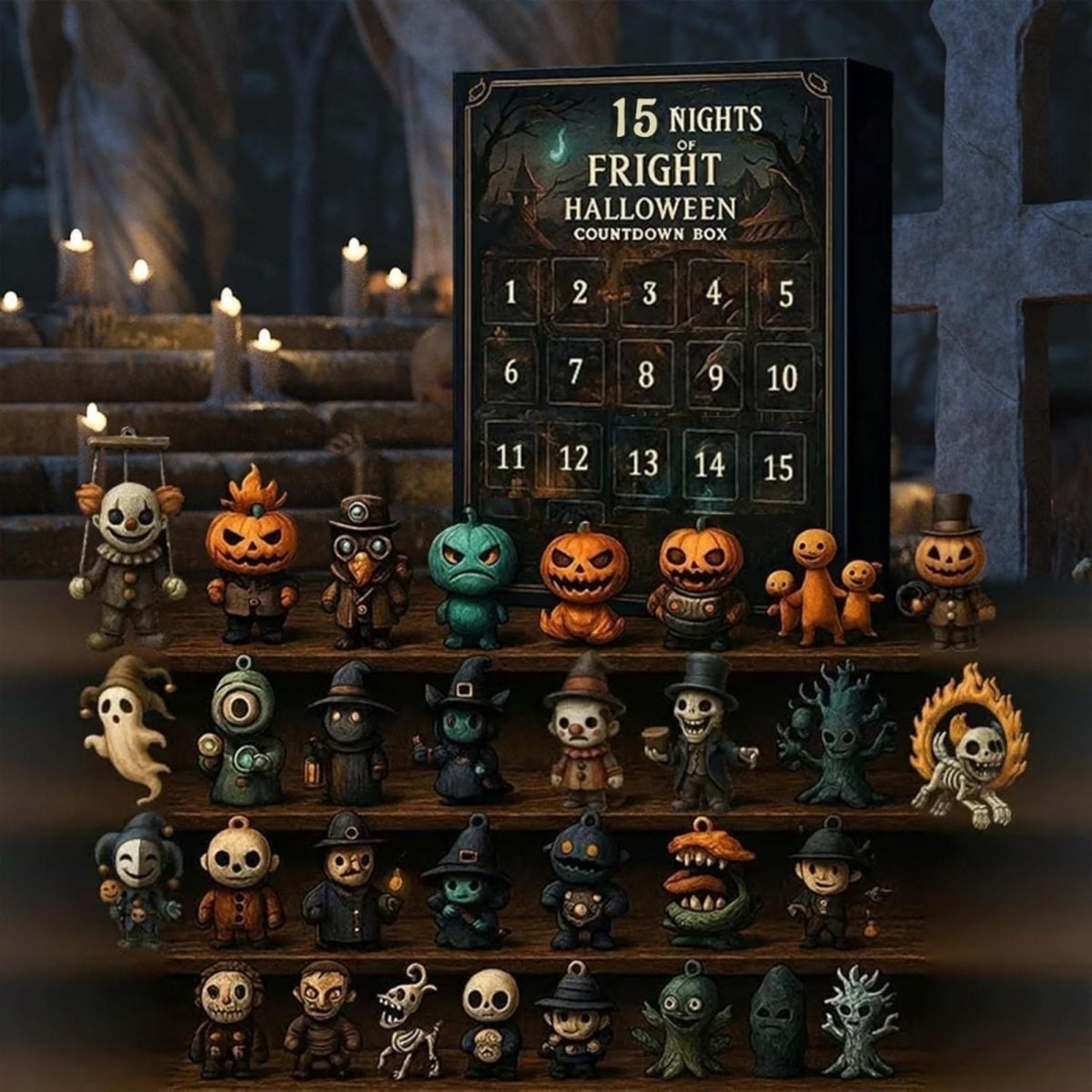 Halloween Advent Calendar Countdown with Spooky Miniature Figurines and Gothic Tabletop Decor