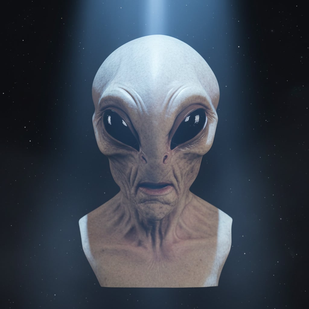 Alien Latex Halloween Mask for Adults with Moulded Wrinkles and Glossy Black Eyes