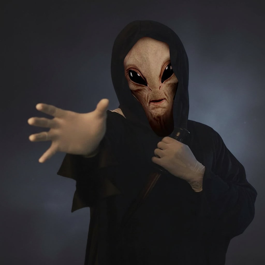 Alien Latex Halloween Mask for Adults with Moulded Wrinkles and Glossy Black Eyes