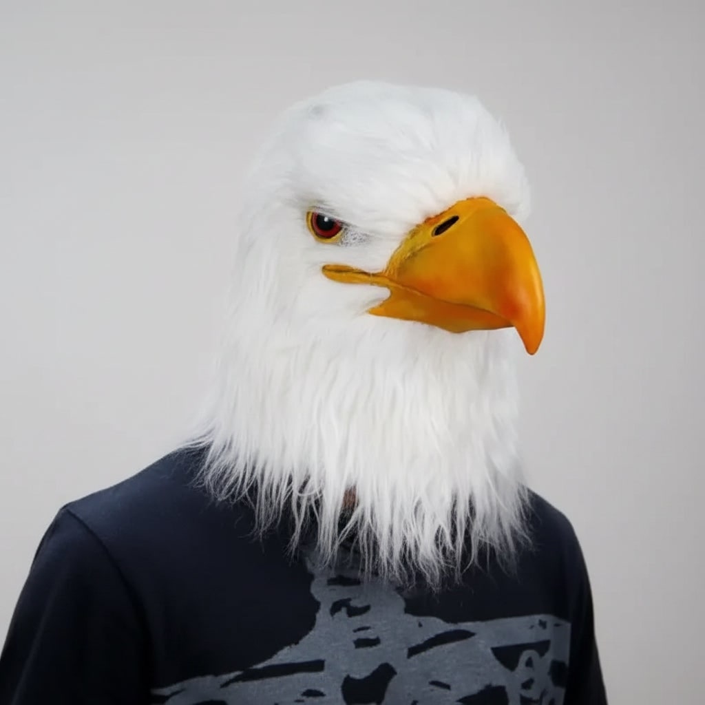 Bald Eagle Animal Costume Mask with White Faux Fur and Moulded Yellow Beak