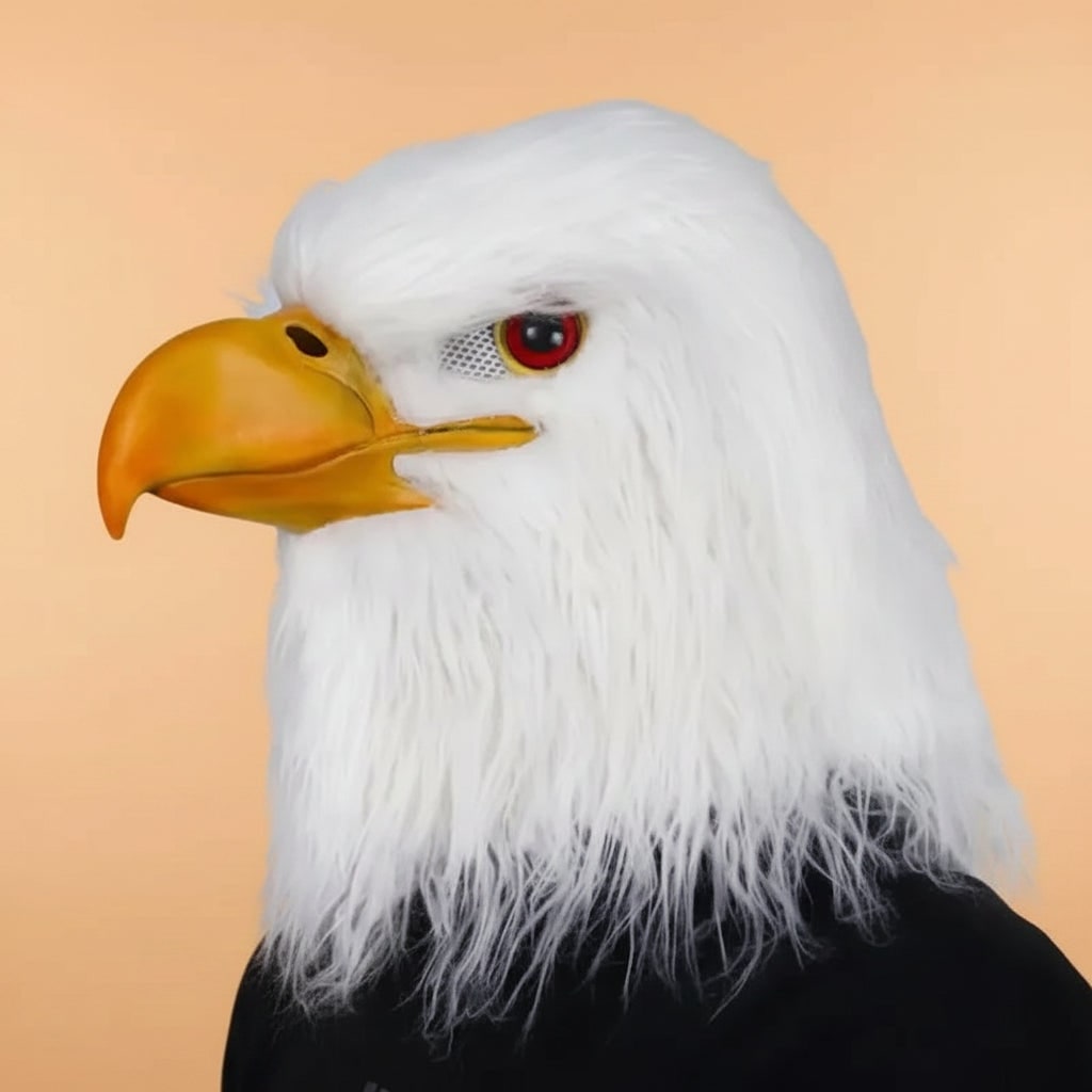 Bald Eagle Animal Costume Mask with White Faux Fur and Moulded Yellow Beak