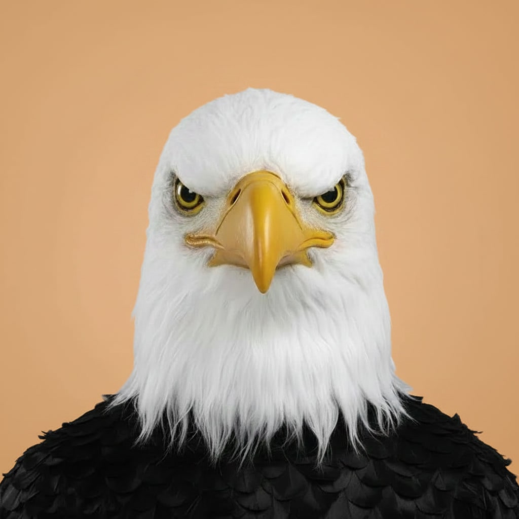 Bald Eagle Animal Costume Mask with White Faux Fur and Moulded Yellow Beak