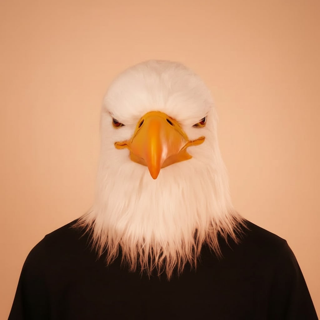 Bald Eagle Animal Costume Mask with White Faux Fur and Moulded Yellow Beak