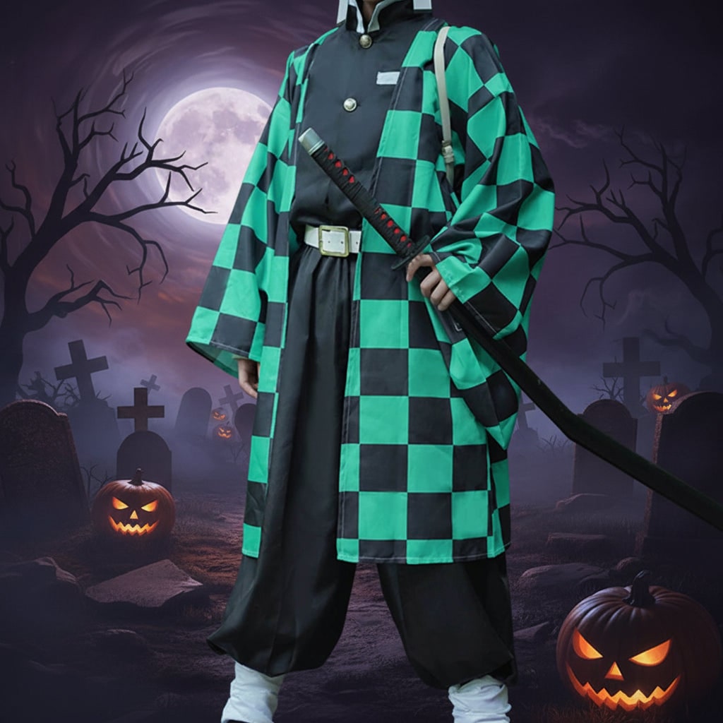 Anime Cosplay Outfits with Checkered Haori Coat and Uniform Set for Halloween Costume Party