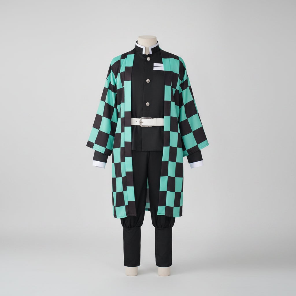 Anime Cosplay Outfits with Checkered Haori Coat and Uniform Set for Halloween Costume Party