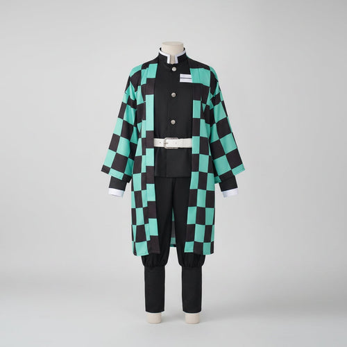 Anime Cosplay Outfits with Checkered Haori Coat and Uniform Set for Halloween Costume Party