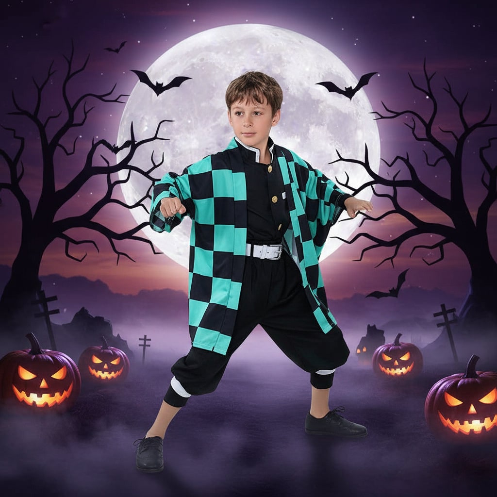 Anime Cosplay Outfits with Checkered Haori Coat and Uniform Set for Halloween Costume Party