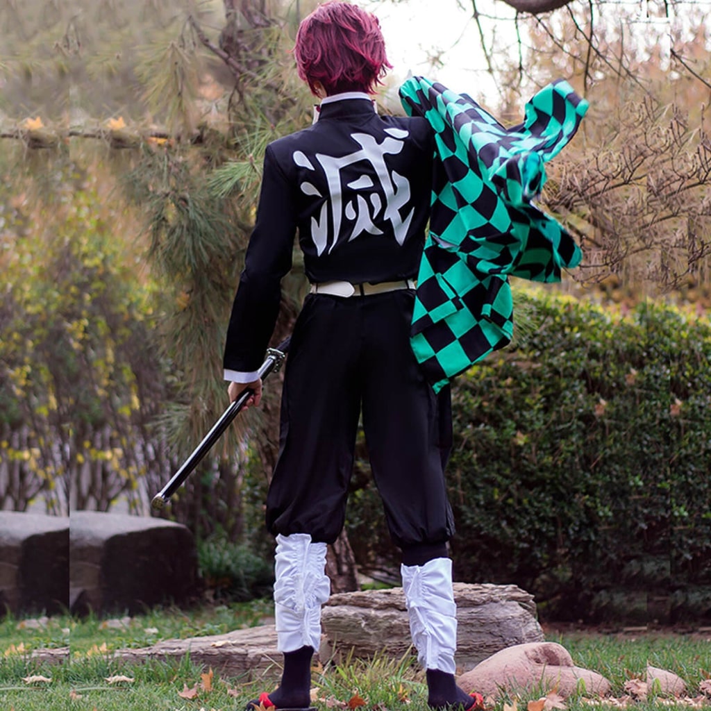 Anime Cosplay Outfits with Checkered Haori Coat and Uniform Set for Halloween Costume Party