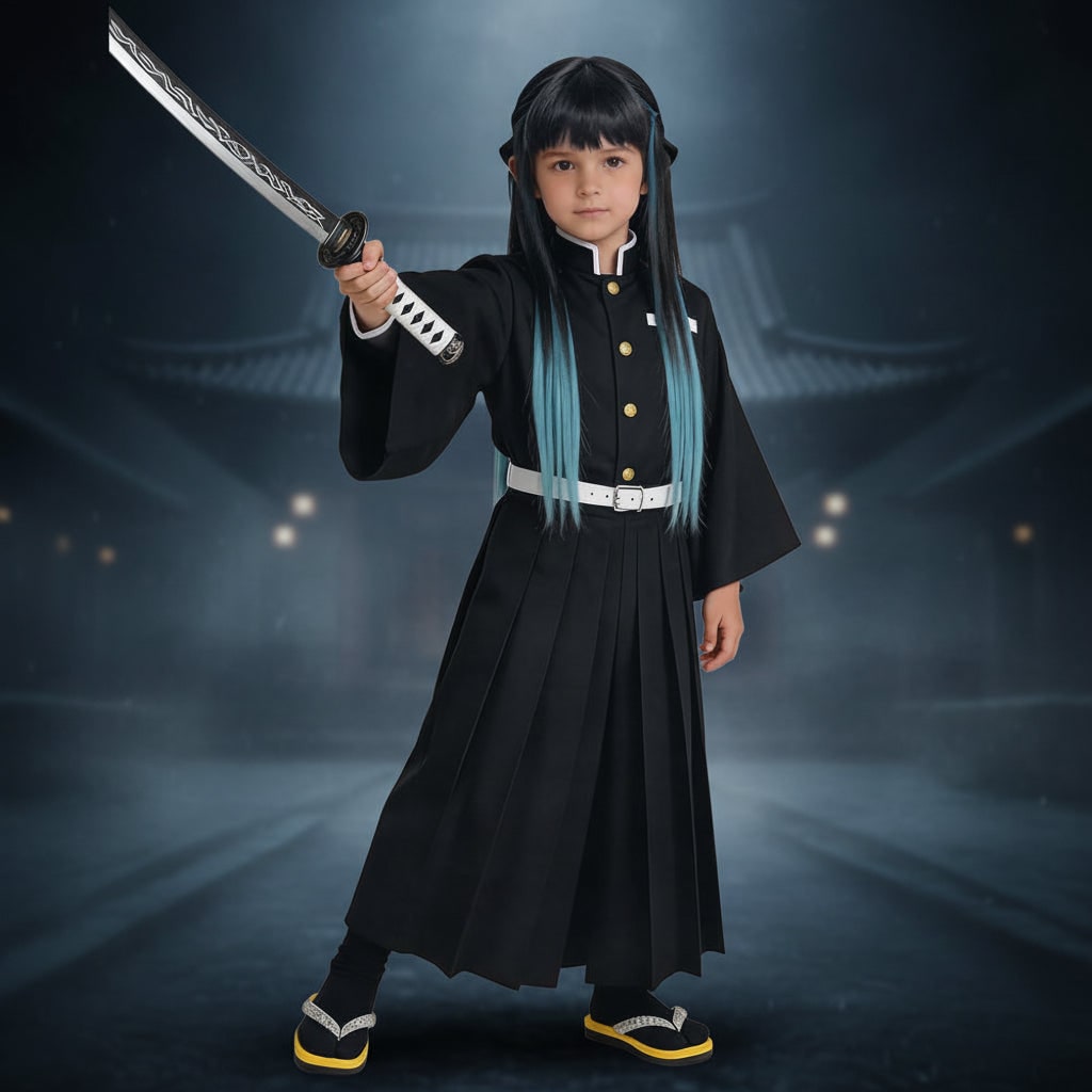 Anime Cosplay Outfits for Halloween with Mandarin Collar Wide Sleeves and Pleated Hakama Pants