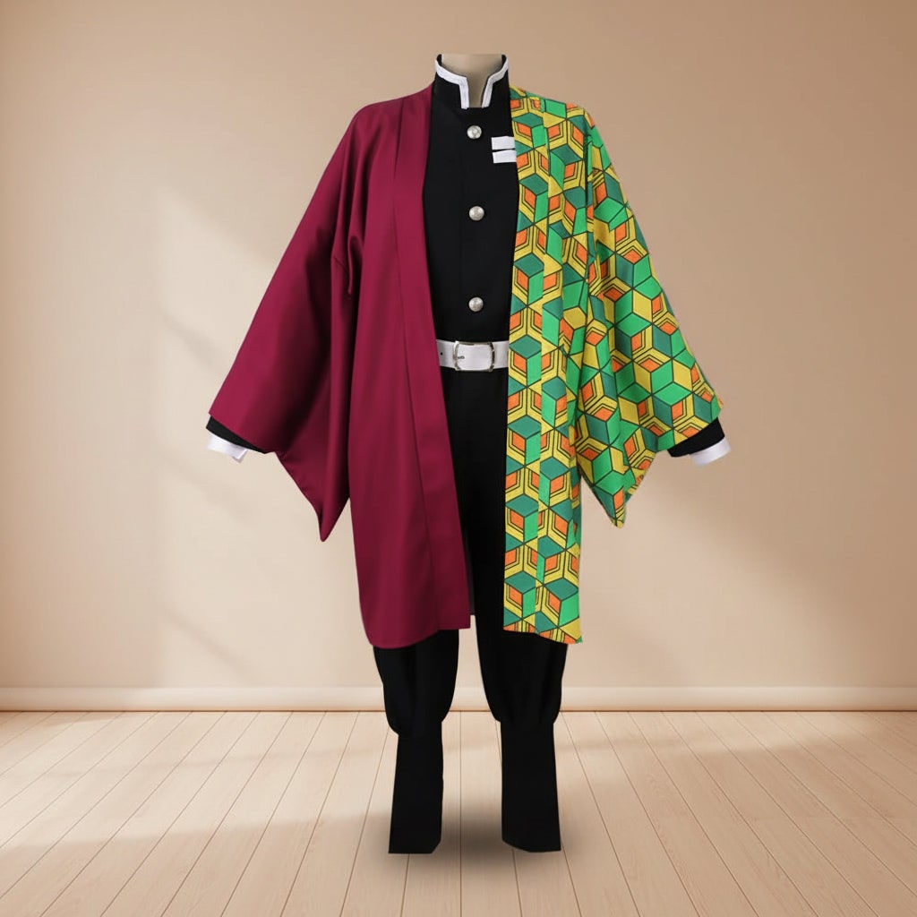 Halloween Costumes for Anime Cosplay with Light-Up Mask with Spiky Wig and Split Haori Jacket