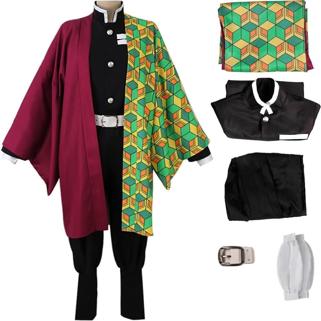 Halloween Costumes for Anime Cosplay with Light-Up Mask with Spiky Wig and Split Haori Jacket