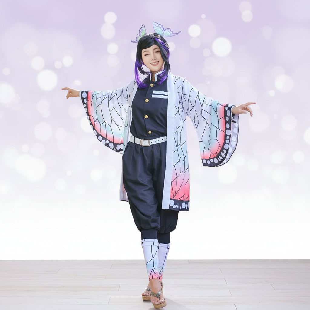 Halloween Costumes Anime Cosplay Set with Butterfly Wing Kimono Haori Jacket Trousers and Belt