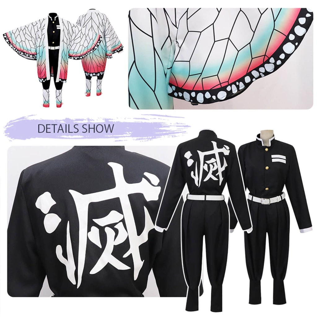 Halloween Costumes Anime Cosplay Set with Butterfly Wing Kimono Haori Jacket Trousers and Belt