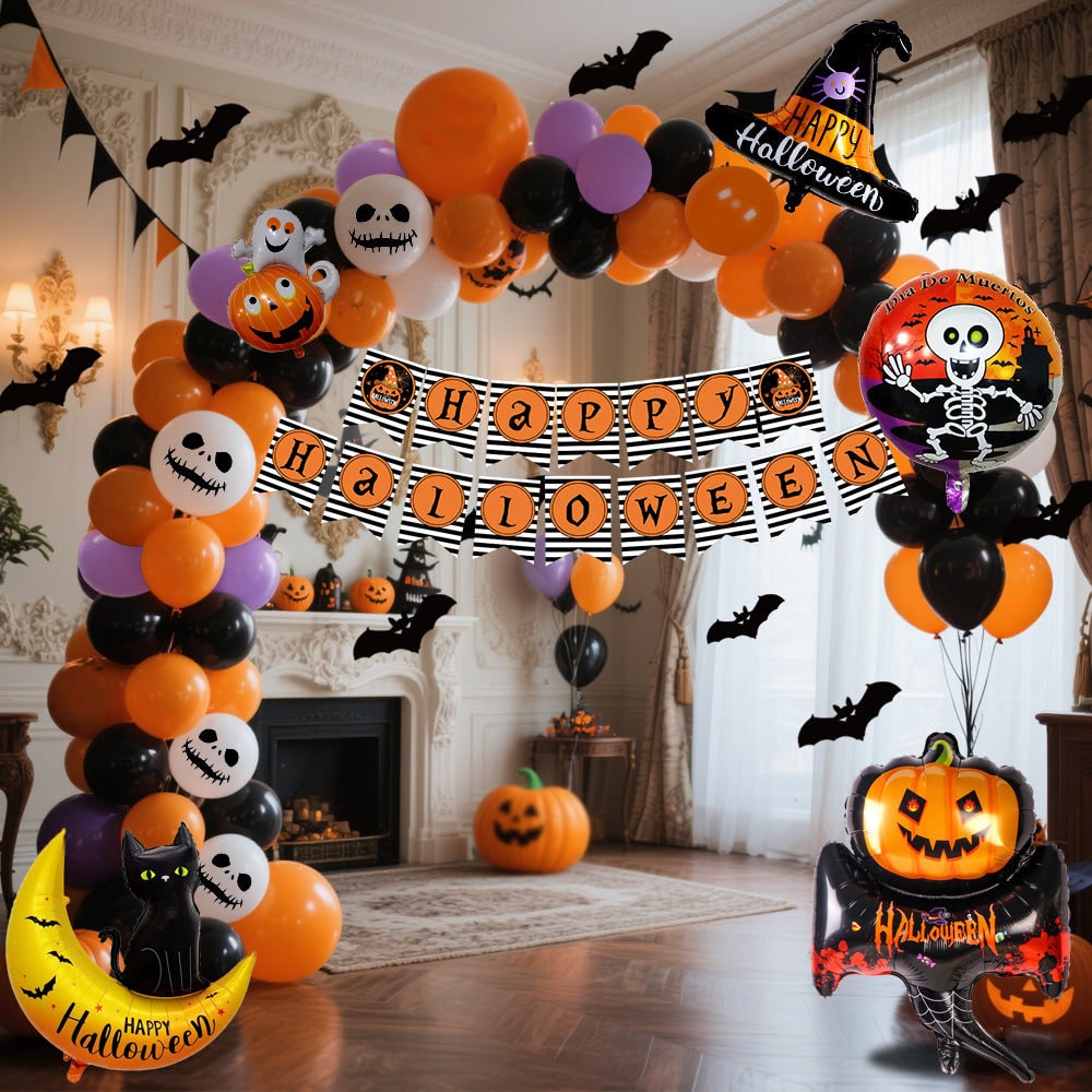Halloween Balloon Arch Kit with Foil Banner and Adhesive Tape for Party Decor