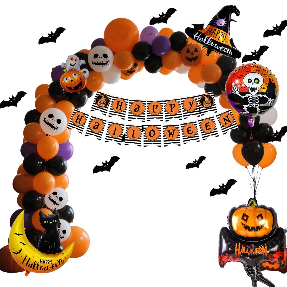 Halloween Balloon Arch Kit with Foil Banner and Adhesive Tape for Party Decor