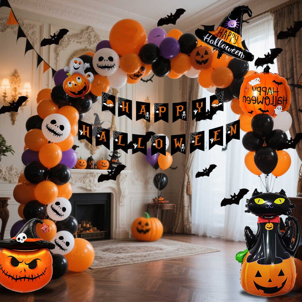 Halloween Balloon Arch Kit with Foil Banner and Adhesive Tape for Party Decor