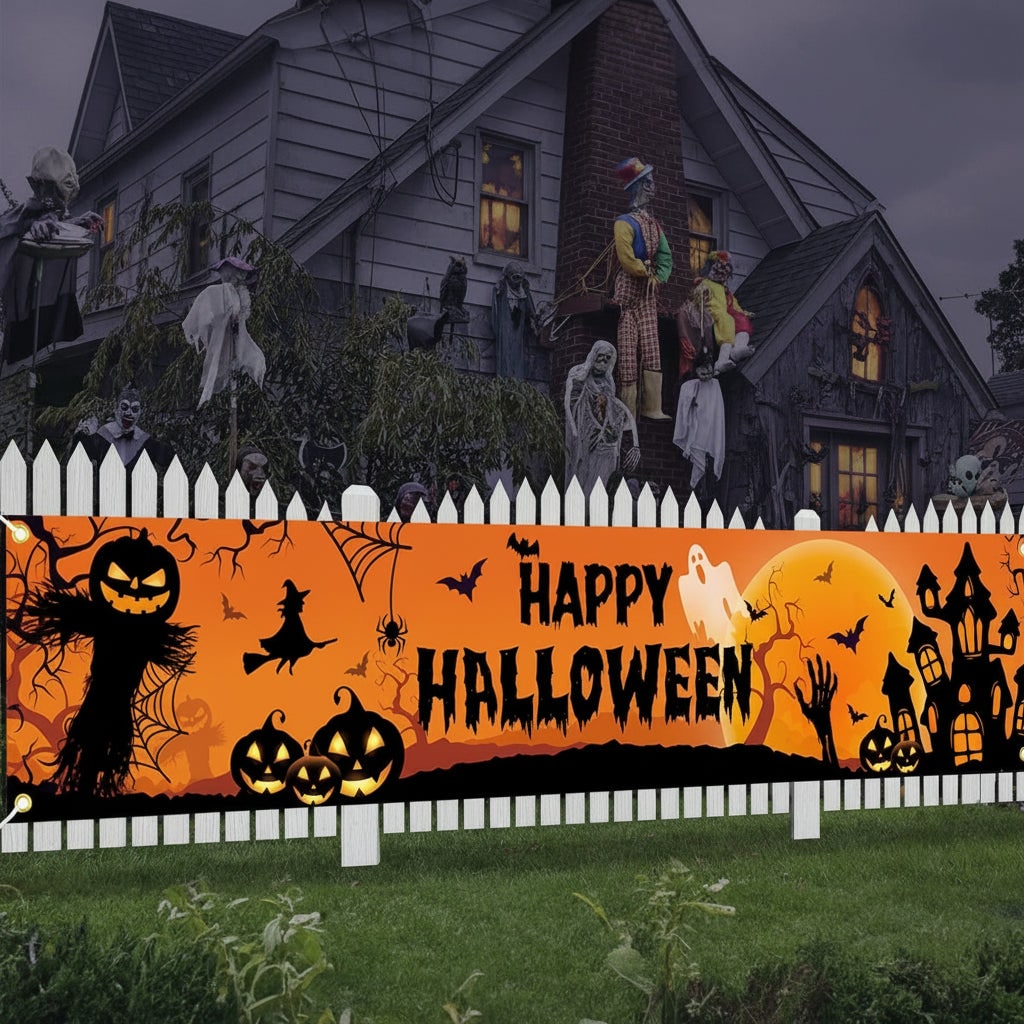 Large Halloween Decorations Banner with Pumpkins Witch and Bats for Outdoor Yard